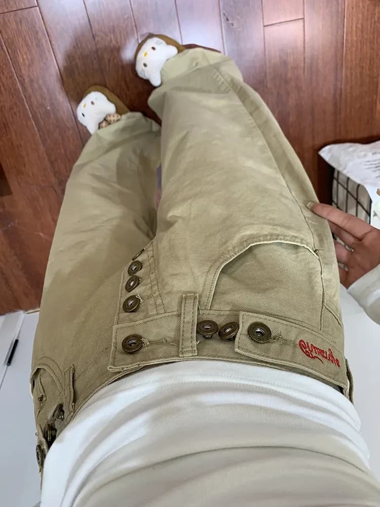Men's Khaki Patchwork Work Pants Adjustable Waist