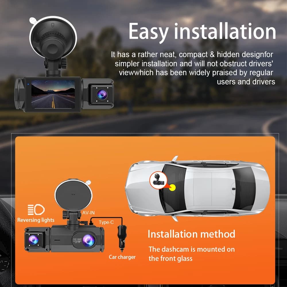 Dash Cam For Cars 32G Card 3Channels FHD1080P Car DVR Night Vision Loop Recording G-sensor Driving Recorder Tachograph Black Box