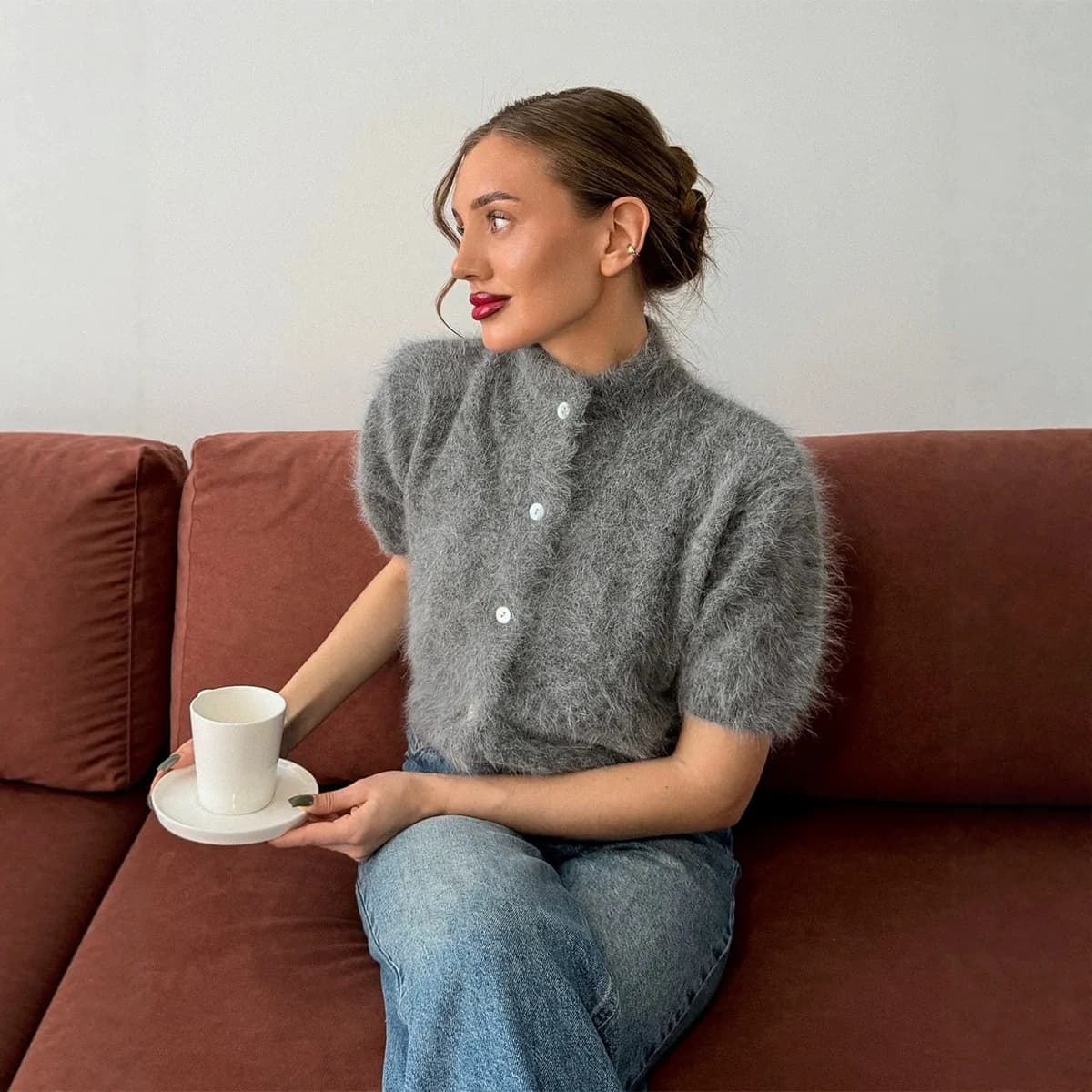 Women Fall Winter Fashion Vintage Half High Neck Slim Short Sleeve Knitted Cardigan Sweater