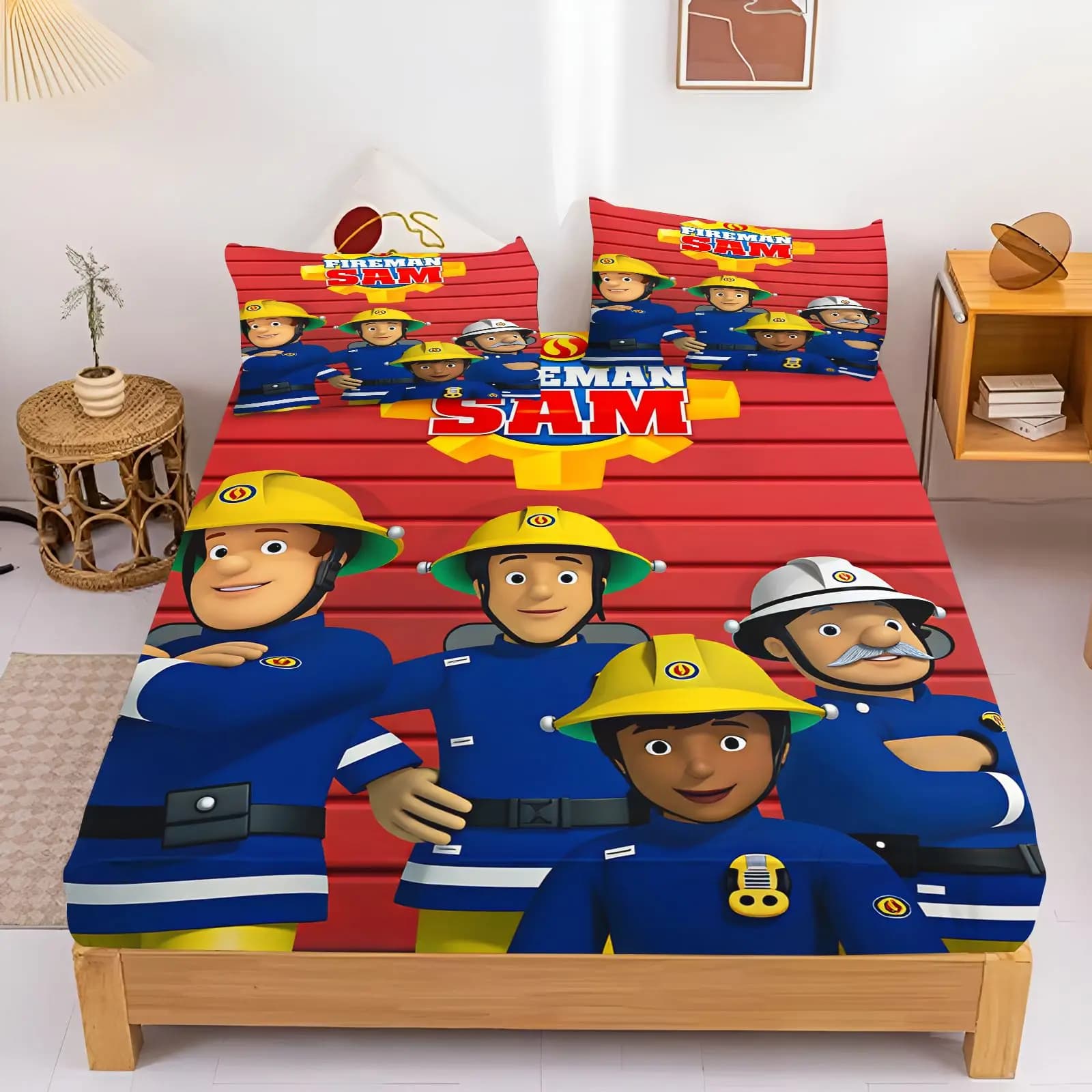 Fireman Sam Bedding Set Fitted Sheet Pillowcase Kids Cartoon Bed Cover Bedroom Decor Bed Sheets Home Textile