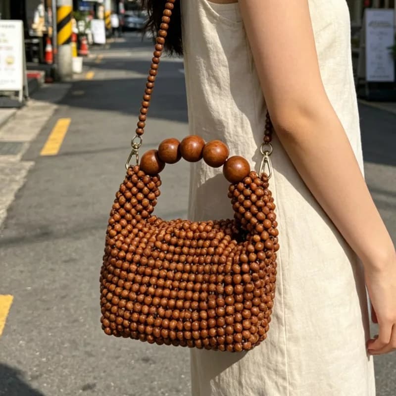 Handmade Woven Handbag Wood Beaded Handbag For Women Exquisite Hollow-out Wooden Beaded Shoulder Bag Female Beach Bag