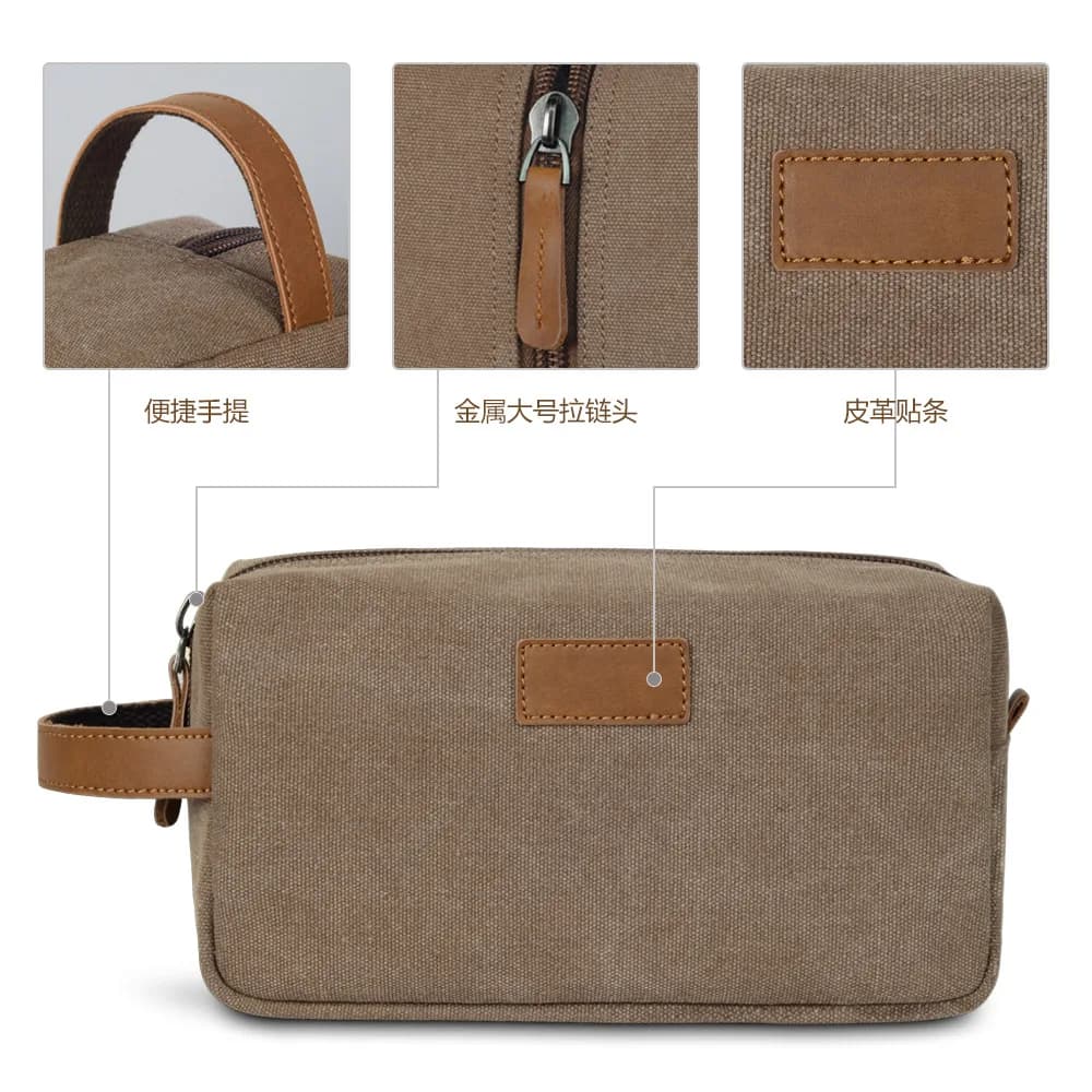 Toiletry bag, travel hand-held waterproof canvas patchwork, crazy horse leather storage, fashionable and retro makeup bag