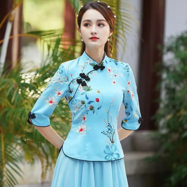 Embroidered Qipao Cheongsam Top with Pants Set