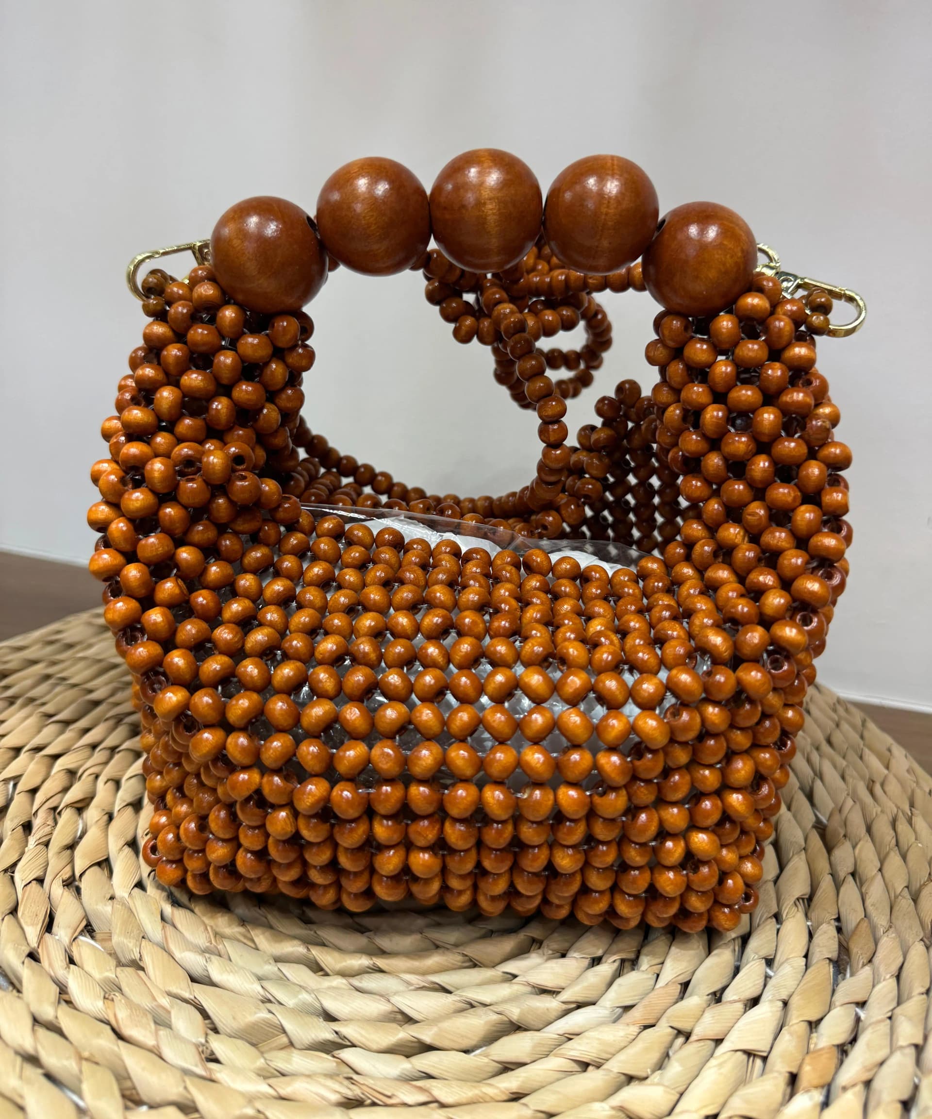 Handmade Woven Handbag Wood Beaded Handbag For Women Exquisite Hollow-out Wooden Beaded Shoulder Bag Female Beach Bag
