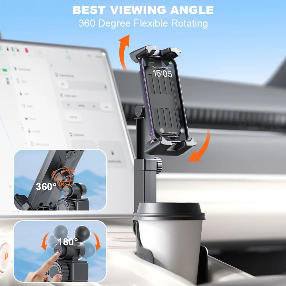 Car Phone Mount Flat Phone Mount for Cup Holders 360° adjustable For 4.7–14-inch iPhone Samsung Xiaomi smartphones and phablets