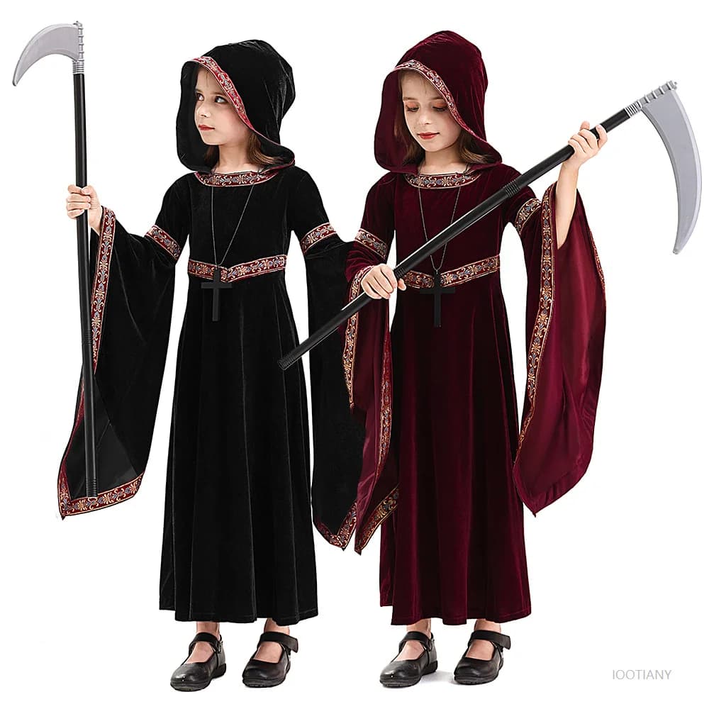 Halloween Costume Death Costume Children's Medieval Retro Gothic Vampire Hooded Witch Long Skirt Carnival Party Role Play Dress