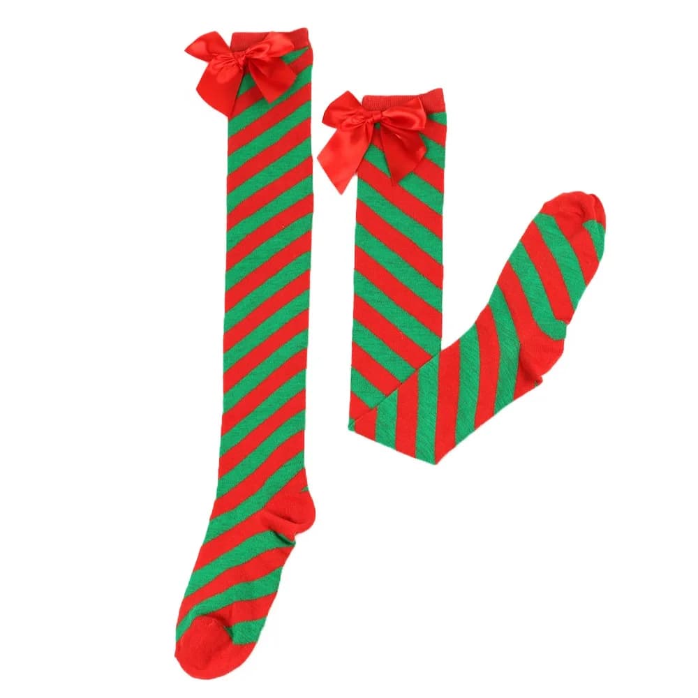 Christmas Striped Knee Socks with Bows
