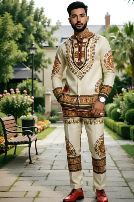 Ethnic Stand Collar Shirt and Pants Set