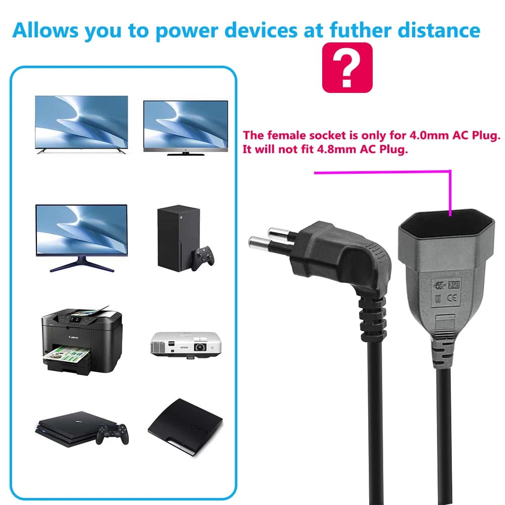 EU Power Extension Cord Anged European AC Power Extension Cord Europe 2-prong Power Lead Male to Female Extension Cable Wire