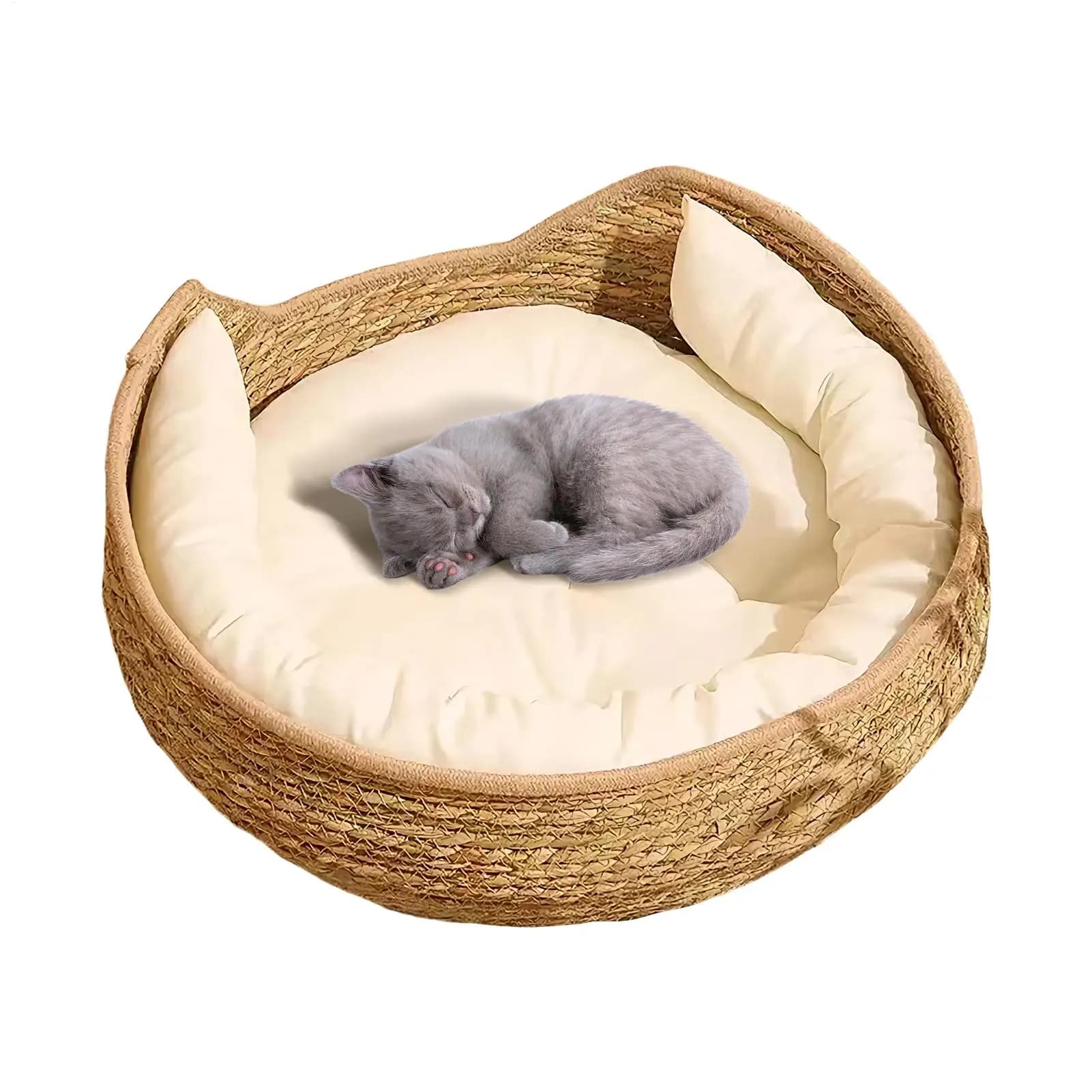Woven Cotton Rope Round Cat Bed with Pillow