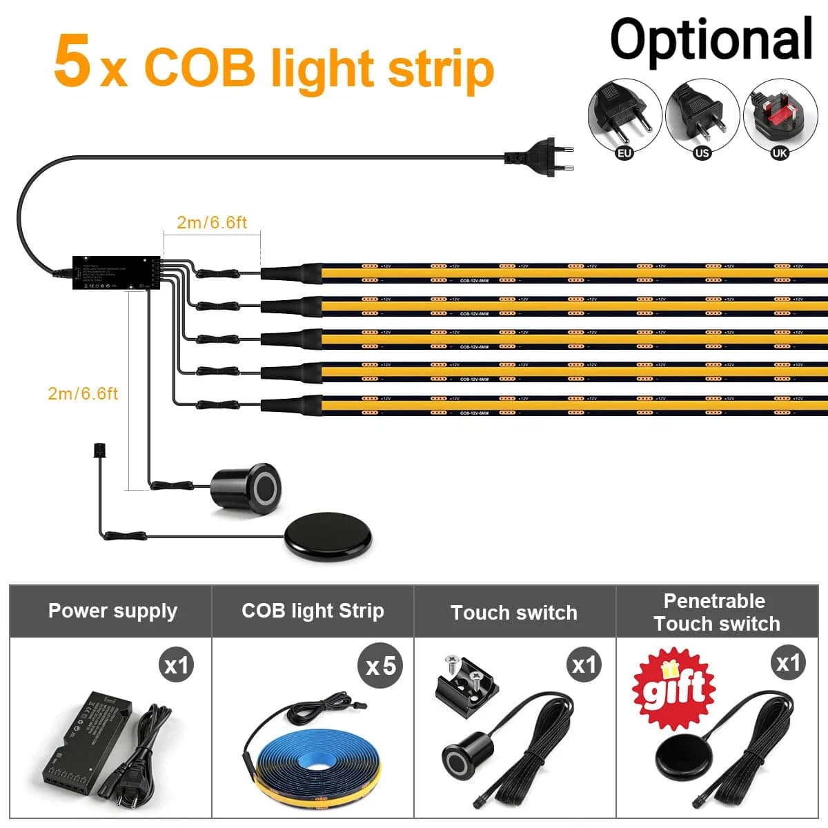 LED Strip Light Kit 2-10 PCS Linkage Lighting EU US UK Black PCB Board With Embedded Touch Switch & Touch/Hand Scan Panel Switch