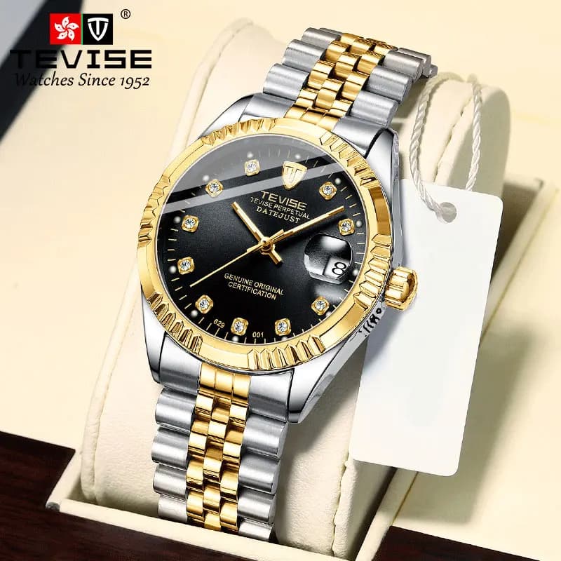 TEVISE  Automatic Mechanical Watch for Men with Date Stainless Steel Diamond Fashion Business Casual Watch Waterproof