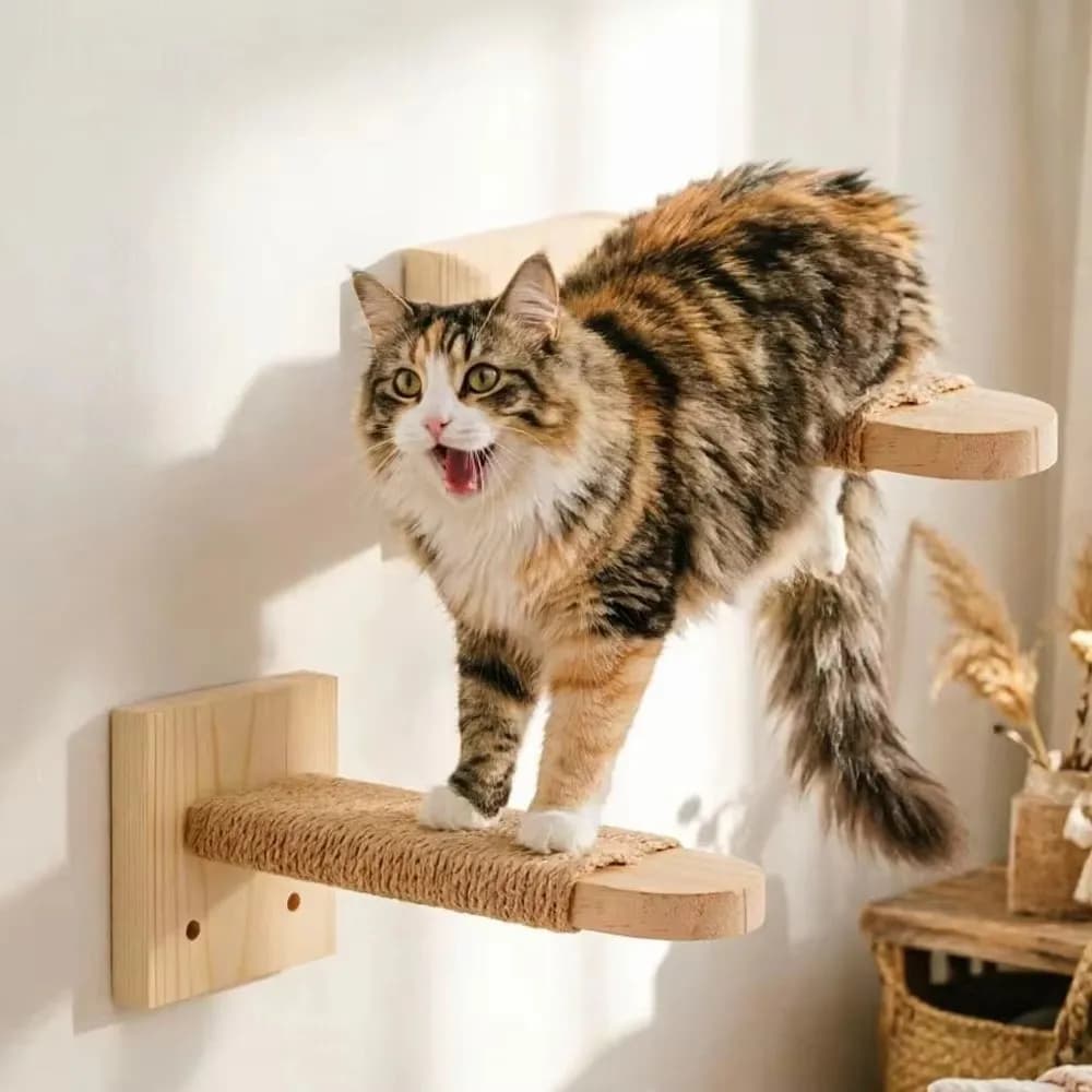 Wooden Cat Wall Shelves with Sisal Scratch Cover
