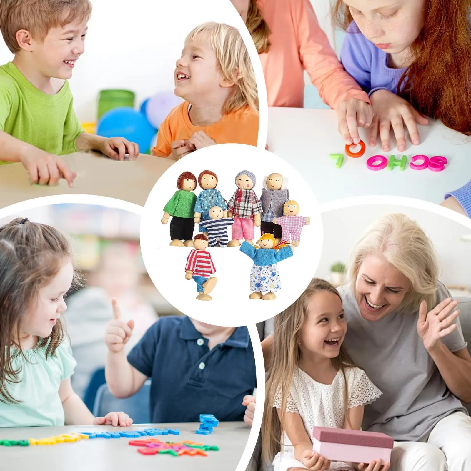 Wooden Doll House Family Figures, 8-Piece Set