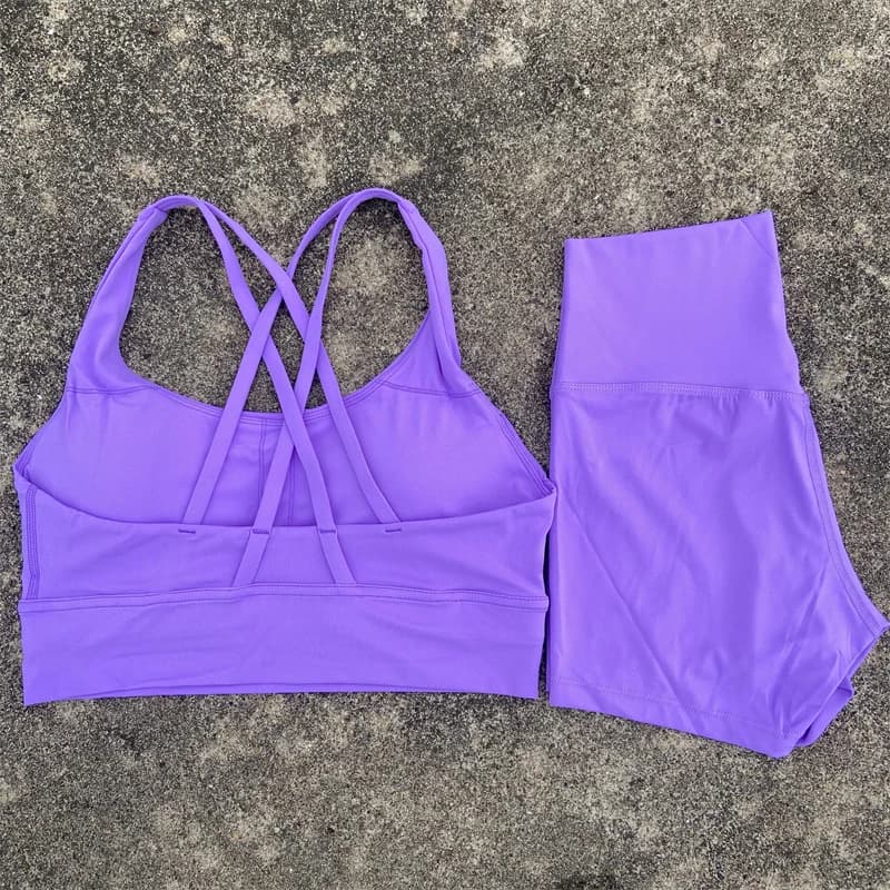 Yoga Shorts Set Gym Sports Set Women Workout Clothes 2 Piece Fitness Suit Cross Straps Bra High Waist Shorts Running Tracksuit