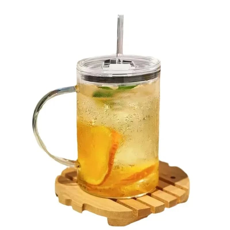 1L Glass Drinking Cup with Lid and Straw