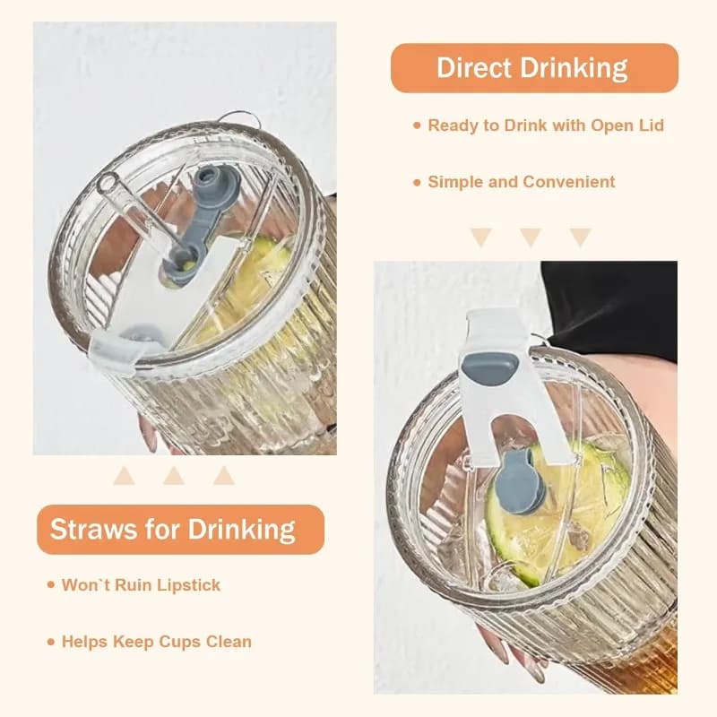 Striped Glass Coffee Cup with Lid and Straw