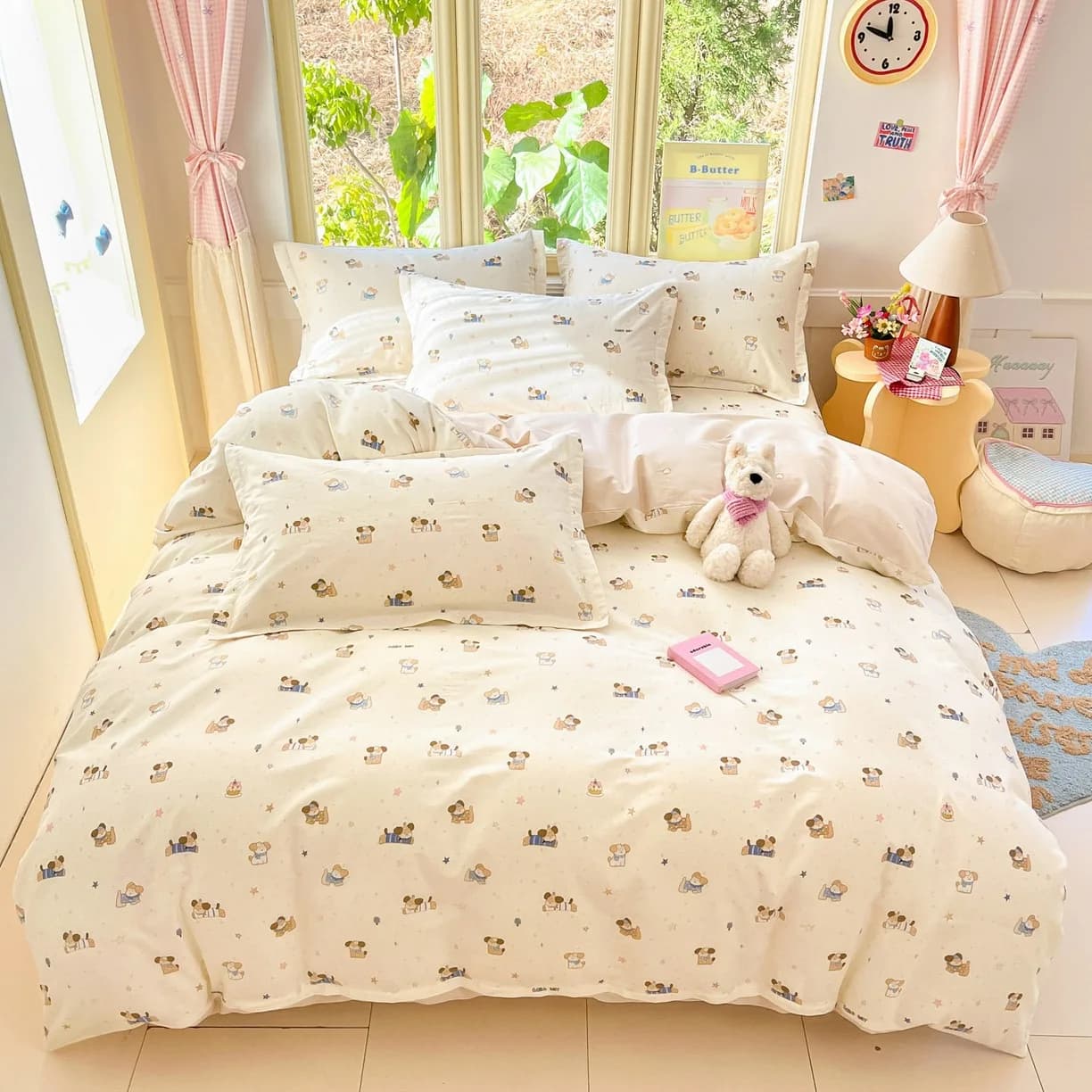Cartoon Print 100% Cotton Bedding Sets Queen King Floral Duvet Cover Set with Flat Sheets and Pillowcase Single Double Bed Set