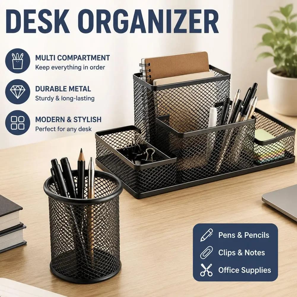 Mesh Desk Organizer Office Supplies Caddy With Pencil Holder And Storage Baskets Stationery Holder Office Supplies For Desktop
