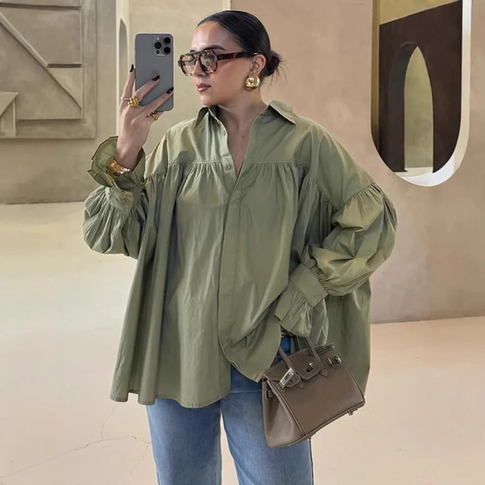 Women's Fashion 2025, Two-color Chiffon Shirt with Drop Shoulder, Lantern Long Sleeves, Loose Fit, Single-breasted.