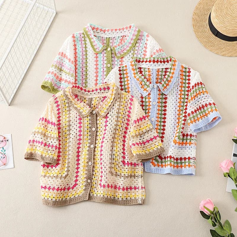 Short Sleeve Striped Crochet Collared Shirt