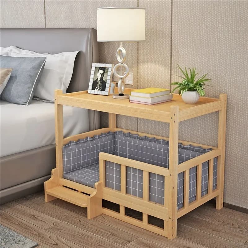 Wooden Dog Bed with Side Table