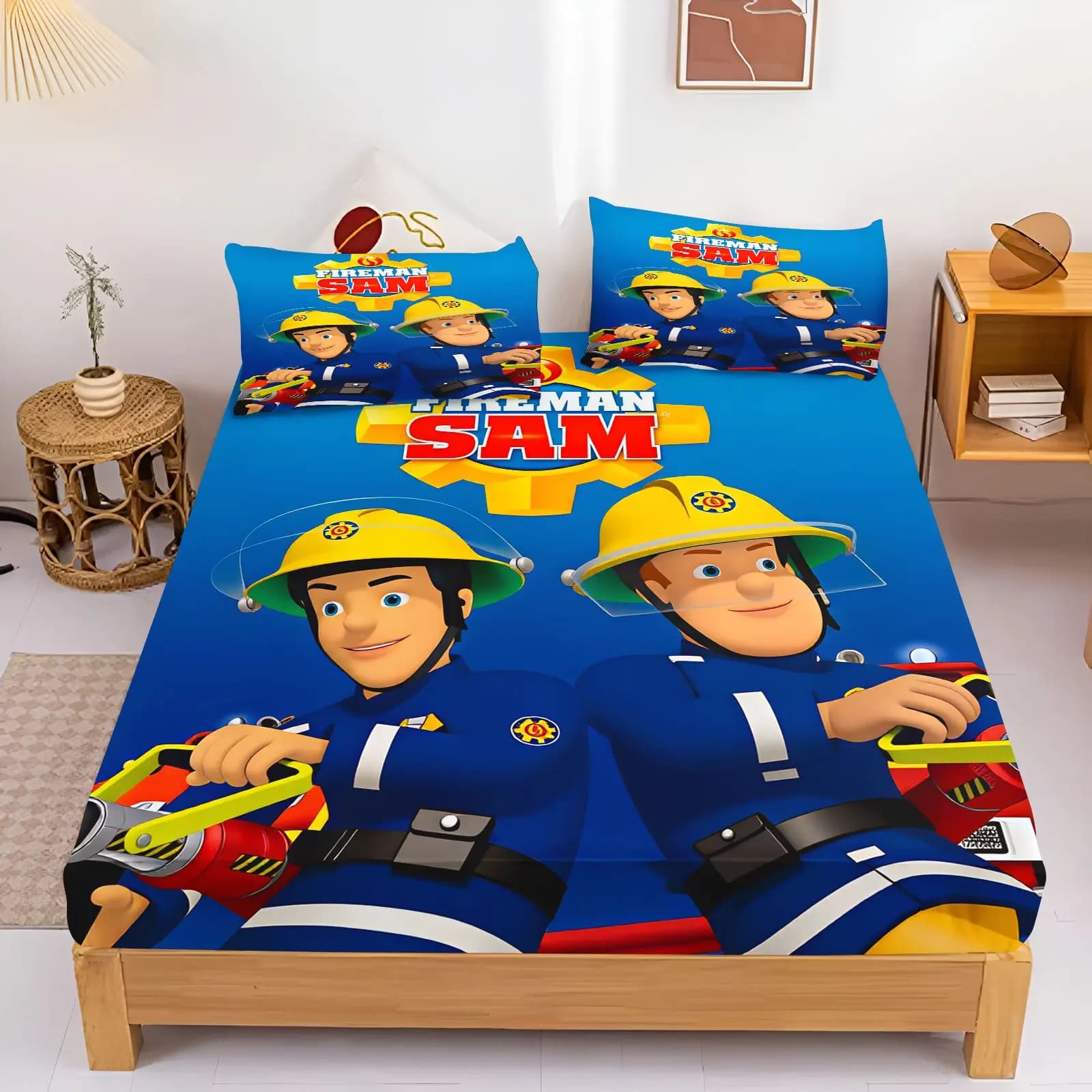 Fireman Sam Bedding Set Fitted Sheet Pillowcase Kids Cartoon Bed Cover Bedroom Decor Bed Sheets Home Textile