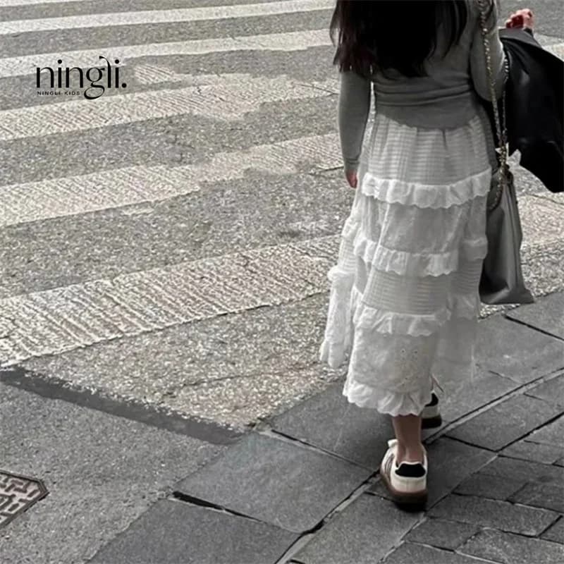Girls Lace Layered Long Skirt White