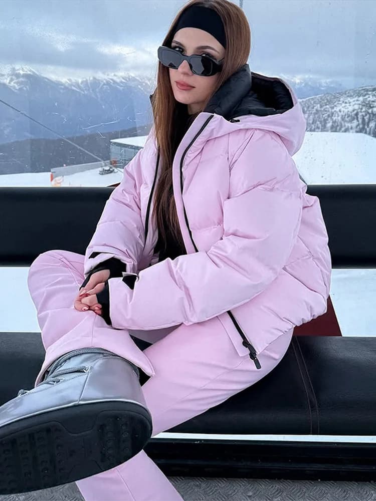 Women's Hooded Ski Suit with High-Waist Pants