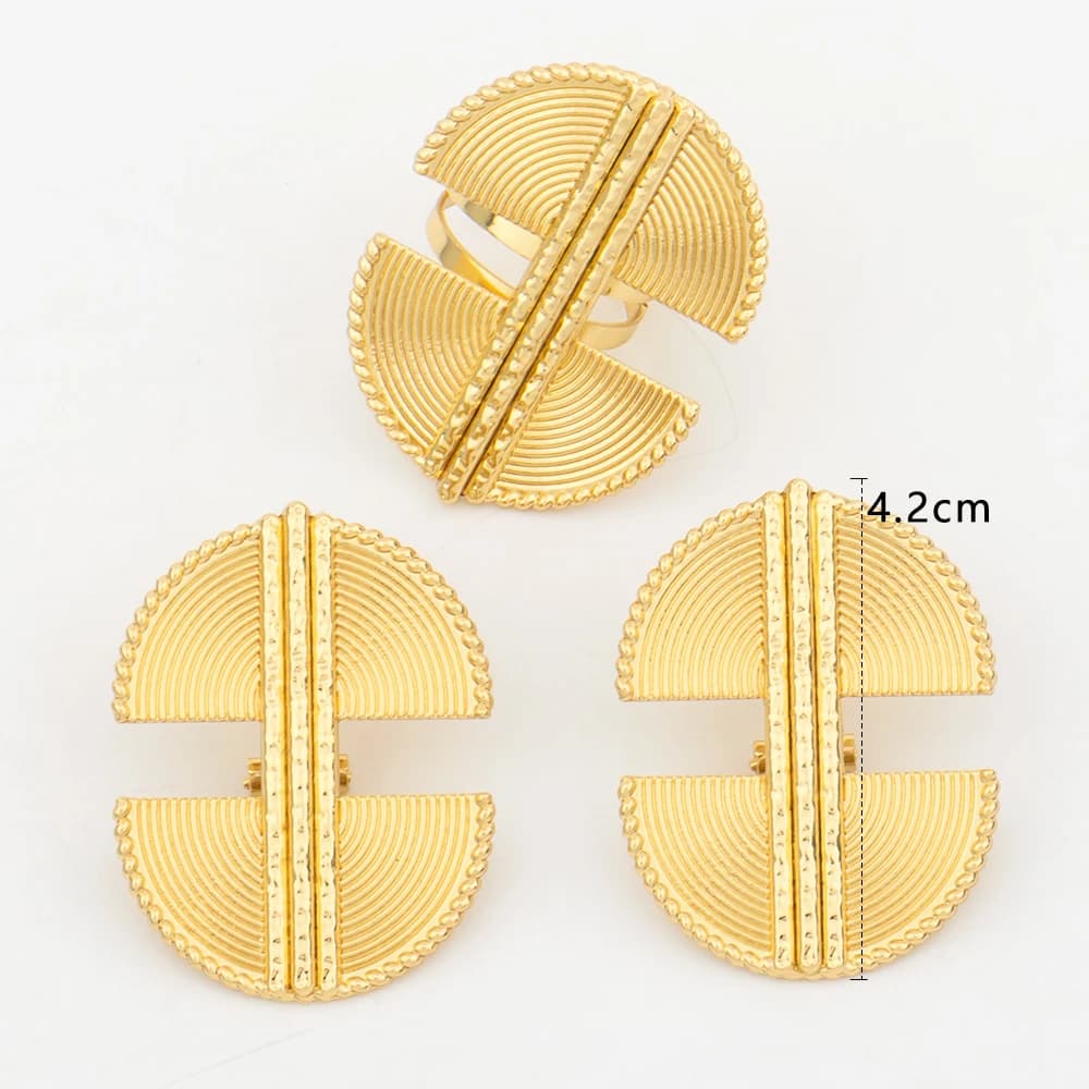 Fashion Jewelry Set Dubai Gold Color Luxury Flower Shape Adjustable Ring Round Earrings For Women Wedding Party Gifts Daily Wear