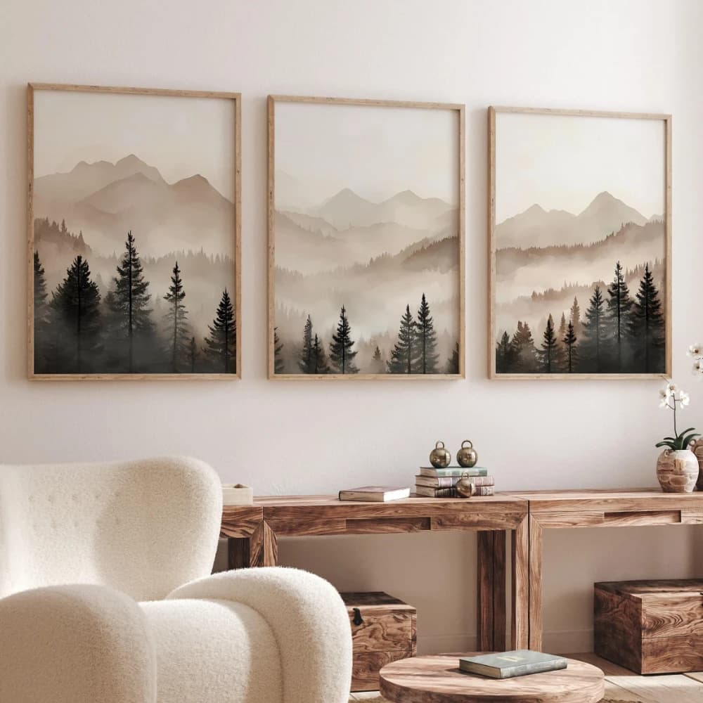 Abstract Foggy Mountains Triptych Print Set