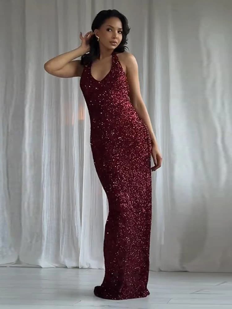 Women's Dresses Trend 2025 Elegant Party Long Evening Dresses Female Clothing Sequin Halter-Neck Maxi Dress Sleeveless Outerwear