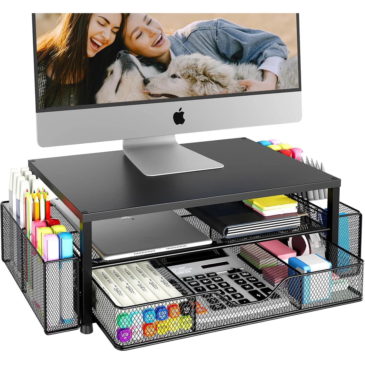 2-Tier Monitor Stand with Drawer and Pen Holders