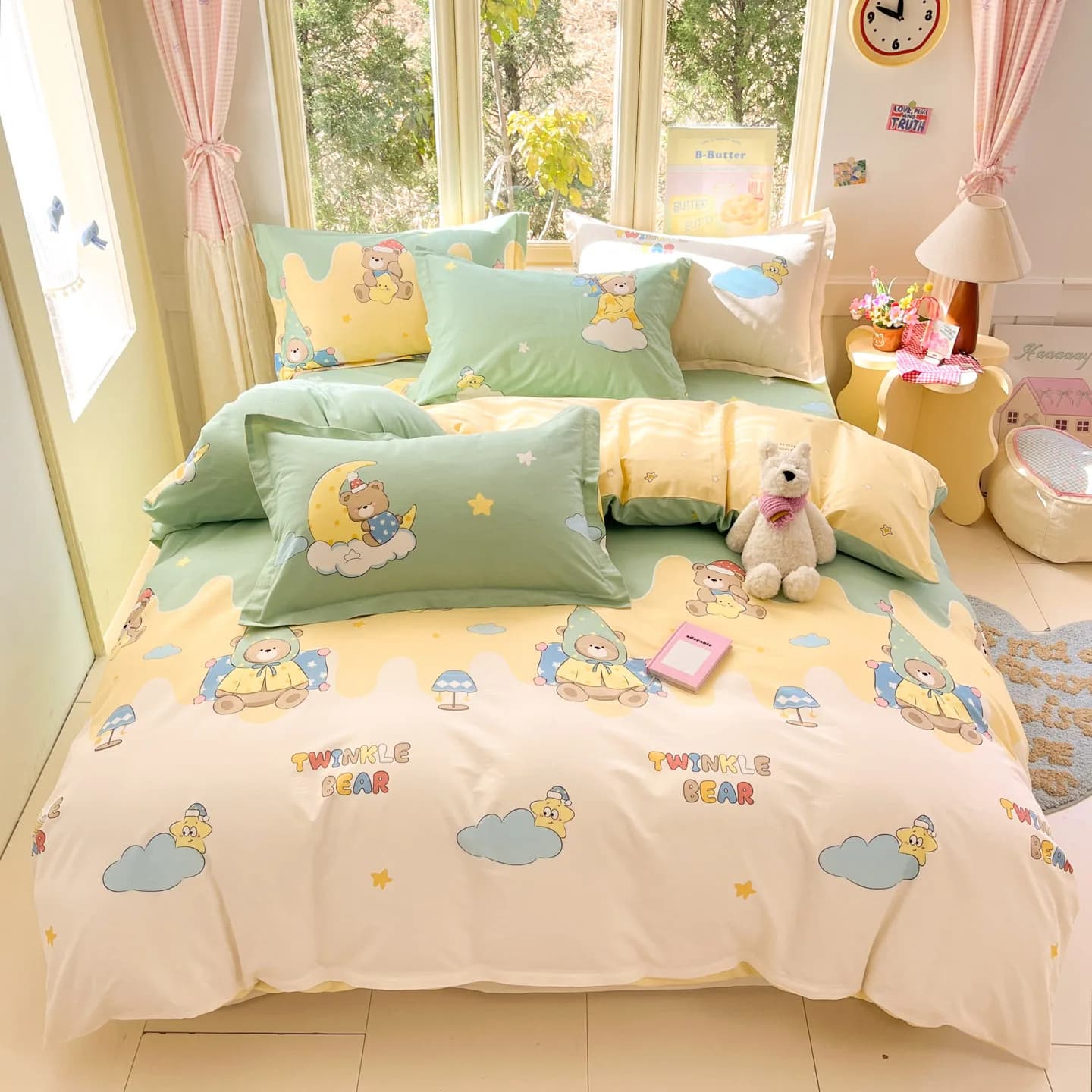 Cartoon Print 100% Cotton Bedding Sets Queen King Floral Duvet Cover Set with Flat Sheets and Pillowcase Single Double Bed Set