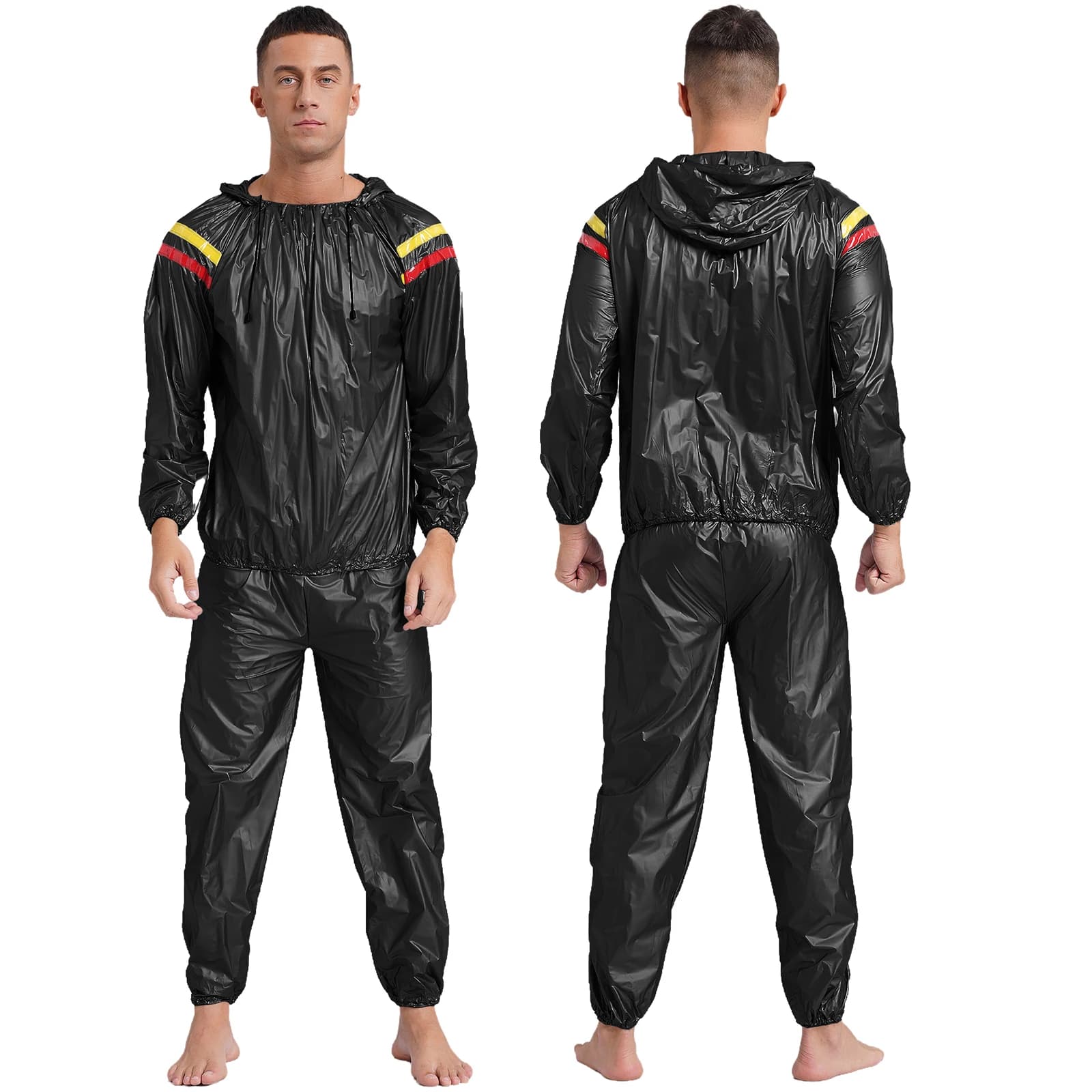 Mens Sports Outfits Sauna Sweat Sets Long Sleeve Hooded Jacket Outerwear and Long Pants PVC Sweating Suit for Gym Workout Yoga