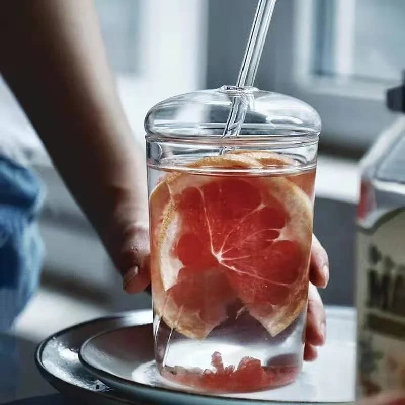 Can-Shaped Glass Drinking Cup with Dome Lid