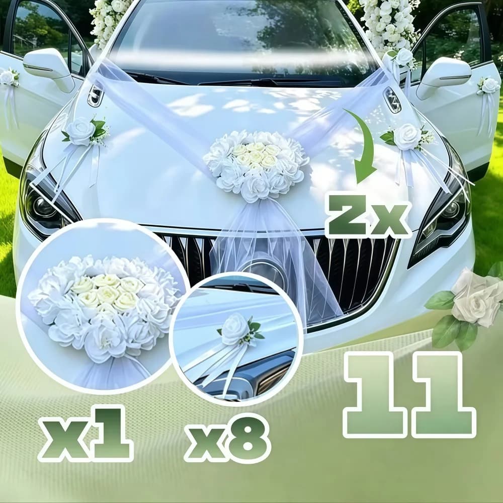 Wedding Car Decoration Full Set Romantic Wedding Car Decor with Tulle Accessories Simulated White Rose Complete Main Car Set