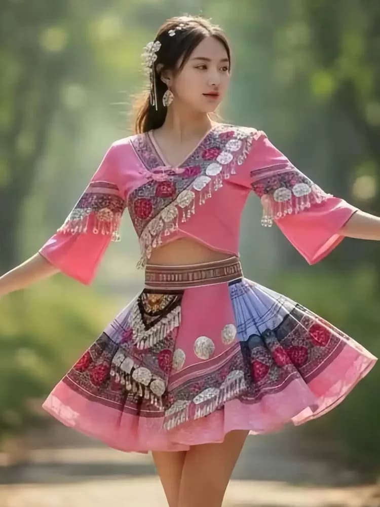 Traditional Folk Dance Costume Top and Skirt Set