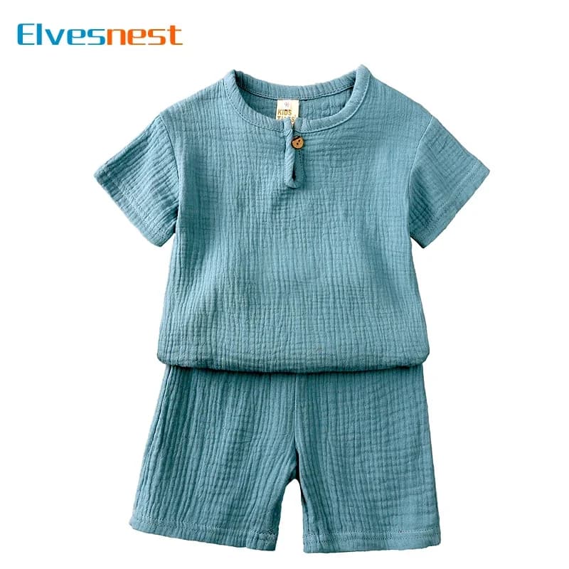 Cotton Linen Kids Clothing Set Short Sleeve