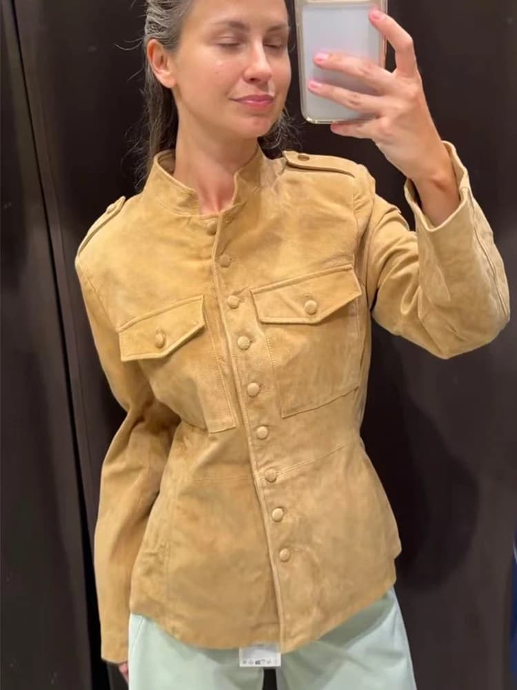 Fashion Jacket For Women 2026 Spring Autumn Classic Vintage Suede Stand Collar Single Breasted Casual Versatile Short Streetwear