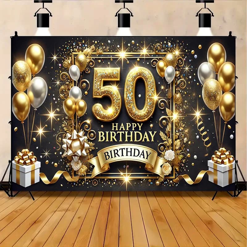 50th Birthday Party Banner Gold Black