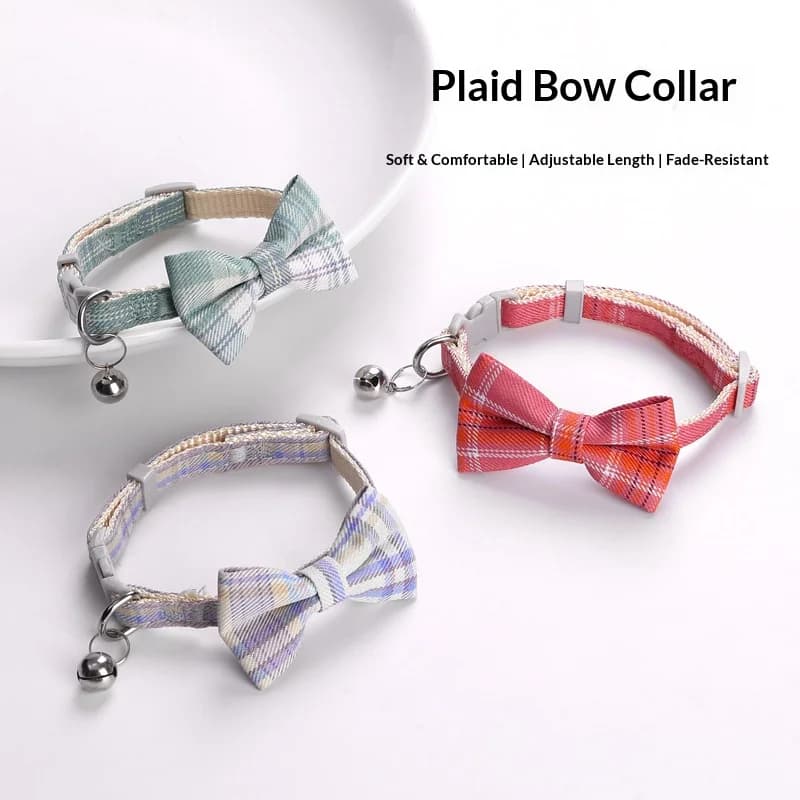 Adjustable Pet Collar with Bell and Plaid Bowtie