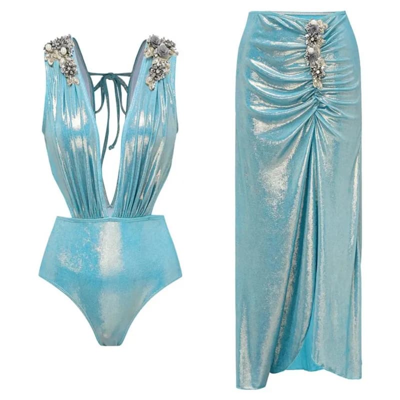 Women's Ruffle Print Bikini Bodysuit With Skirt