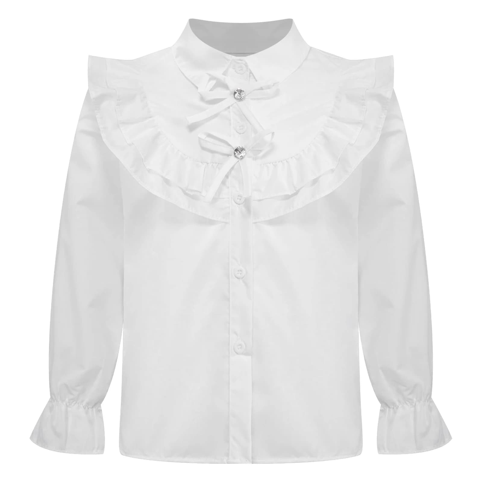 Girls White Ruffled Long Sleeve Button Down Blouse
