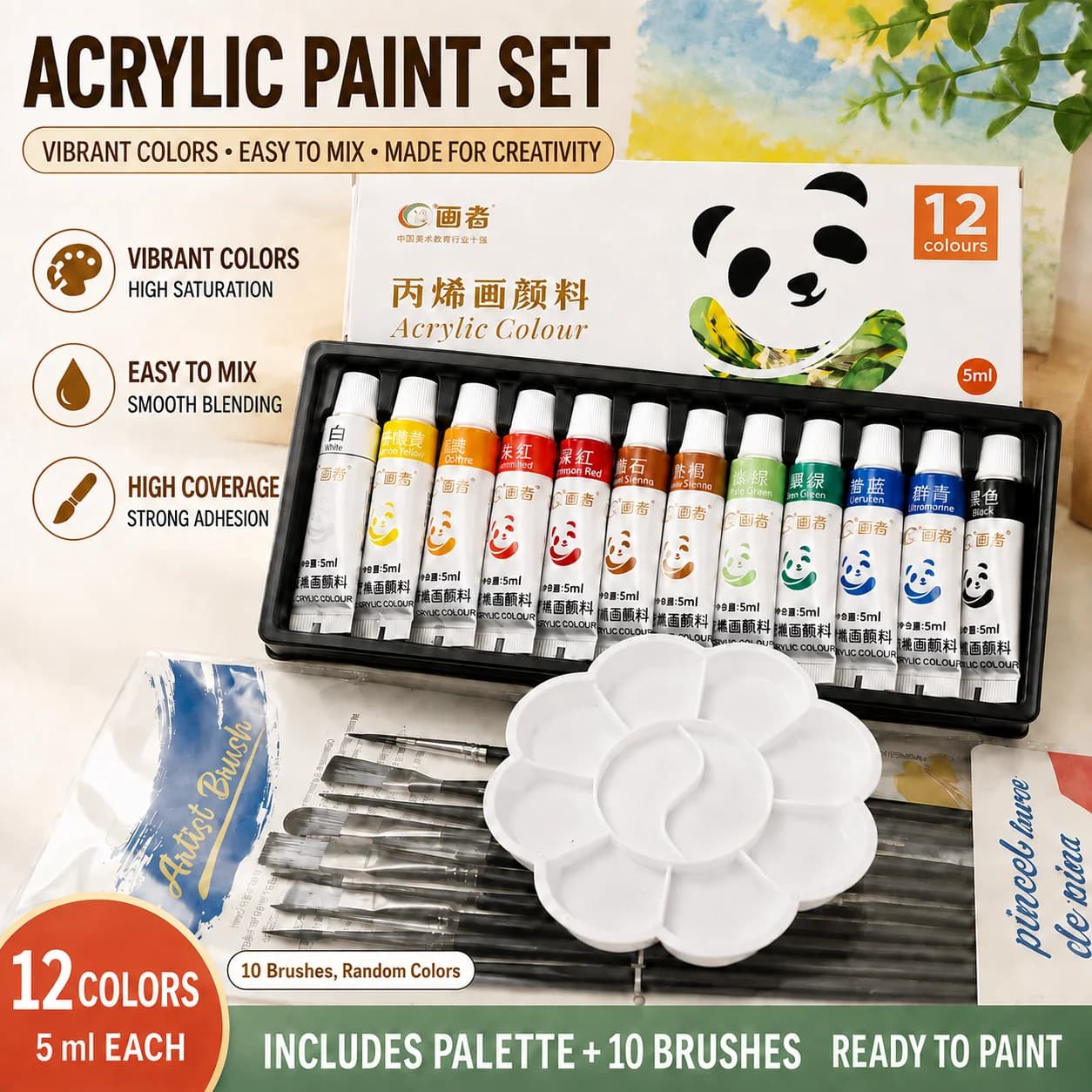 Acrylic Paint Set with Brushes and Palette