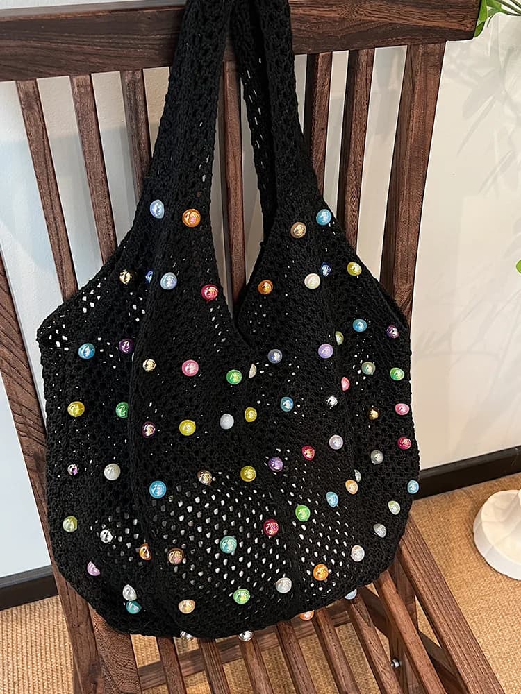 Knitted handbag, hand-held handmade woven bag, hollowed out casual small handbag, vest, large capacity crossbody bag