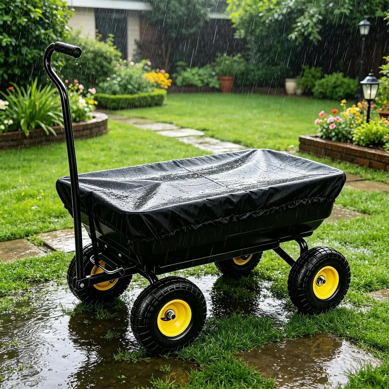 Garden Utility Dump Cart Cover Heavy Duty Waterproof Dustproof UV Resistant Wagon Protective Cover for Farm Yard Lawn Patio