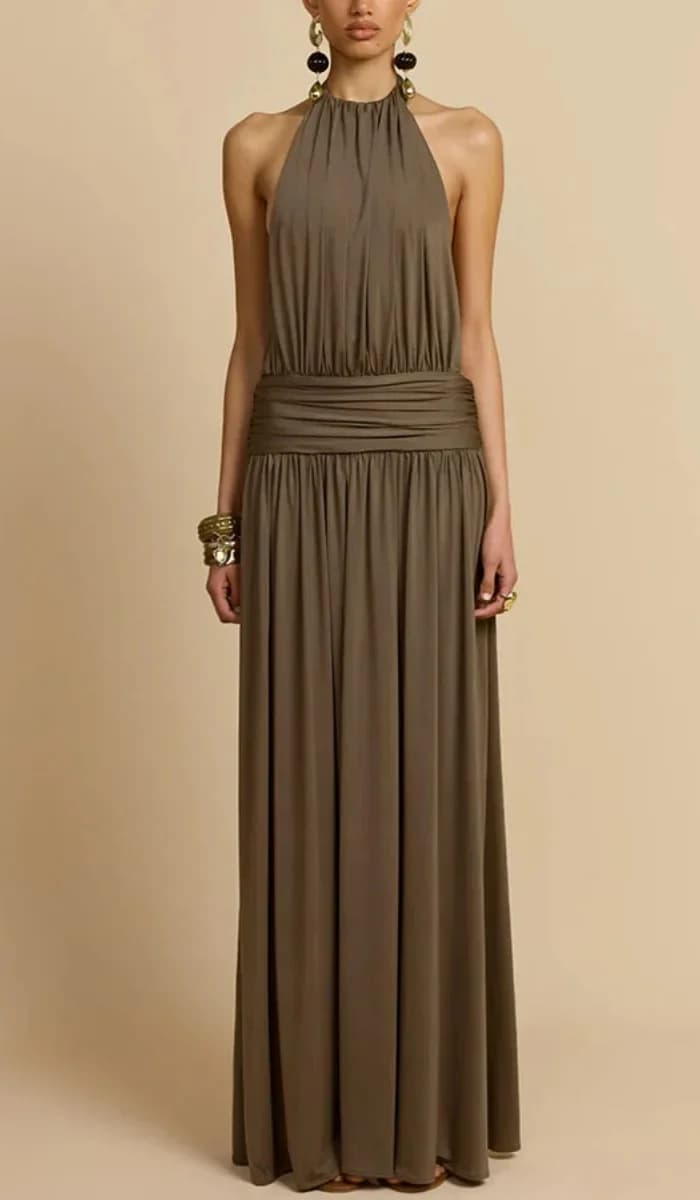 Elegant Halter Pleated Neck Evening Dress