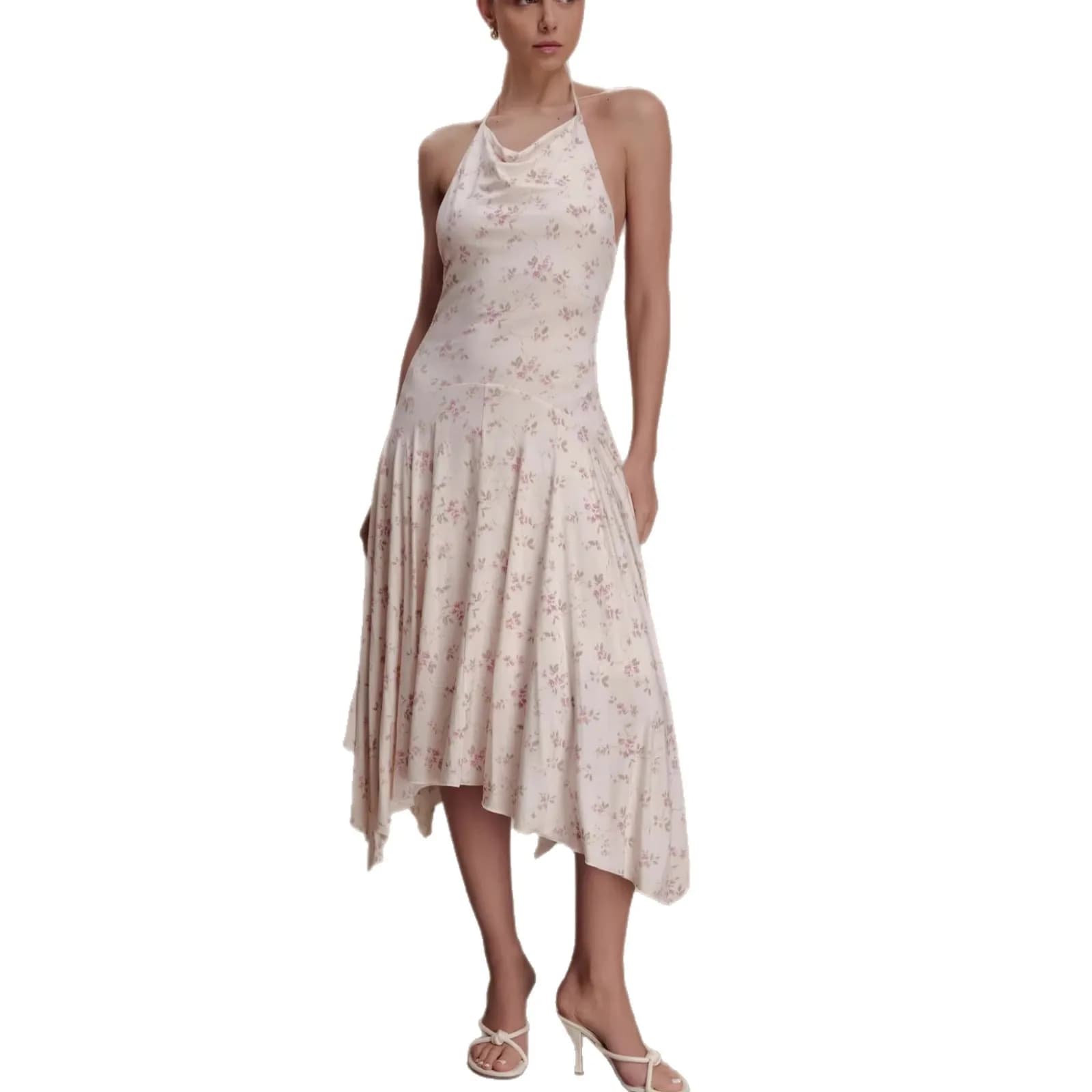 Women's Fashion New French Retro Irregular Floral Skirt Sexy Backless European and American Strappy Dress for Women