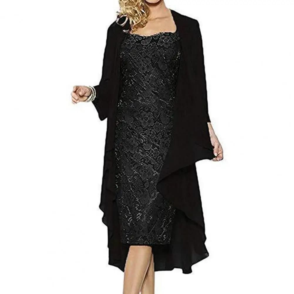 Elegant Lace Flower Pattern Dress with Cardigan